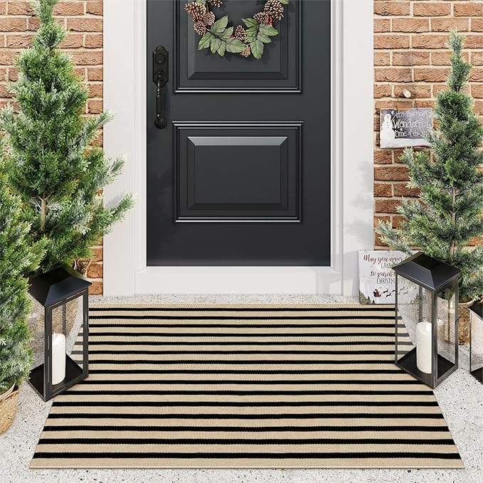 KIMODE Black and Khaki Striped Fall Outdoor Rug 27.5"x43", Washable Outdoor Front Porch Rug, Hand Woven Welcome Layered Door Mat for Entryway Front Door Autumn Pumpkin Decor
