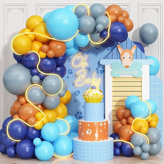 Blue and Orange Balloons Arch Navy Royal Dark Blue Yellow Orange Balloons Garland for Puppy Dog Birthday Decorations Dusty Yellow Blue Light Blue Latex Balloons Graduation Baby Shower Supplies