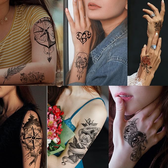 Yazhiji 70sheets Waterproof Temporary Tattoo for Girls or Boys Kids 10sheets Larger Half Arm Rose Snake Clock Fake Tattoos for Men or Women And 60 sheets Tiny Bird Flower Owl Deer Tat Sticker