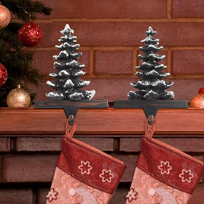 JUSTOTRY Christmas Stocking Holders for Mantle Set of 4 Snow Brown Vintage Xmas Tree with Non-Skid Stockings Holders for Fireplace Home Decor Holiday Gifts Christmas Decorations Indoor Supplies