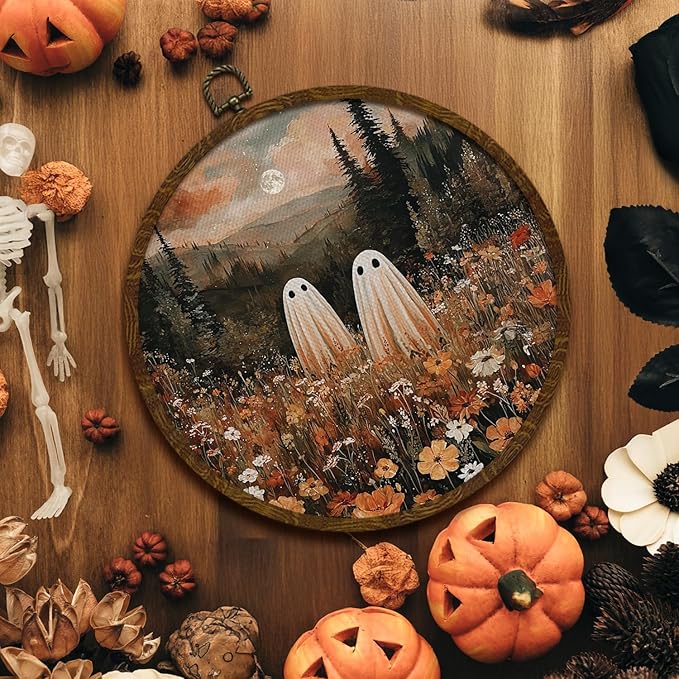Funny Halloween Ghost Round Wall Art,Gothic Canvas Wall Hanging Decor, Spooky Farmhouse Vintage Round Wall Art for Bedroom Living Room Entryway, Rustic Ghost Gothic Wall Decor,Gift for Halloween 10x10Inch (Orange-Ghost02)