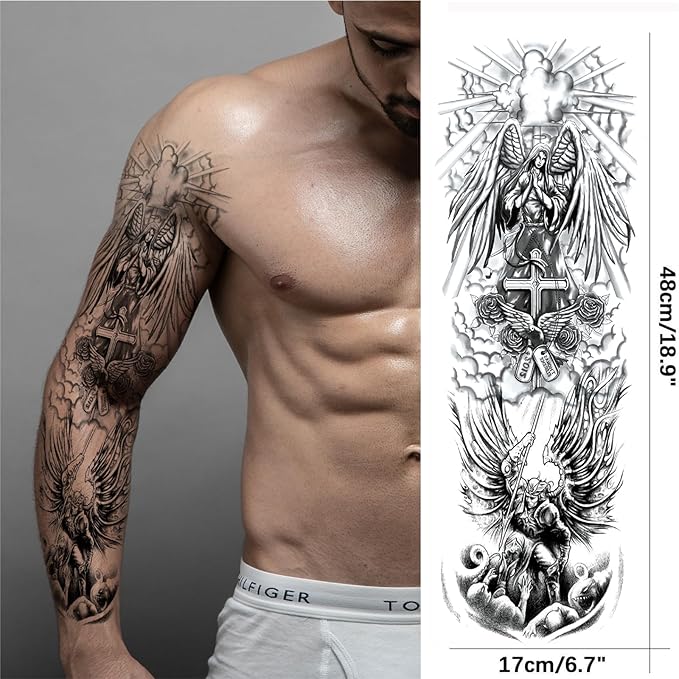 Christian Cross Temporary Tattoo Sleeve for Men, 4-Sheet Full Arm Large Religious God Jesus Fake Tattoo Sleeve Women Adult and 4-Sheet Realistic Lion Cross Christ Pray Half Temp Tatoo Sticker Leg Body