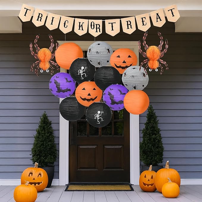 Mudra Crafts Hanging Spider Bat Skeleton Pumpkin Paper Lanterns Outdoor Indoor Jack-o’-Lantern Halloween Decorations Party Banner Set, Orange Black Purple 12-Inch Spooky Lamps