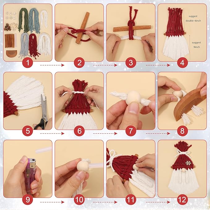 6 Set DIY Christmas Macrame Gnomes Santa Claus Kit, Christmas Handmade Knitted Gnome Ornaments with Pinecone Snowflake Cane Hat Hanging Gnomes Craft for Xmas Tree Holiday Party Decor with Instruction