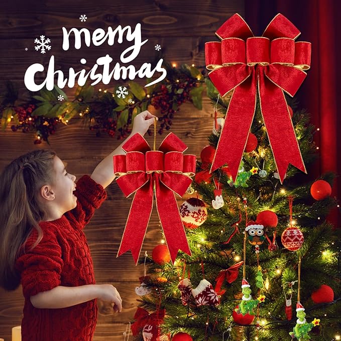 1Pack Large Christmas Bows Velvet Red Bows Holiday Red Christmas Bows Decorations for Wreath Velvet Bows Decor for Christmas Tree Topper, Front Door, Outdoor(14 * 12 inch)
