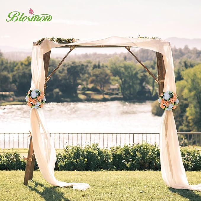 BLOSMON Flower Ball Centerpieces for Tables: 2pcs 9.5 Inch Peach Fuzz Fake Rose Flowers Kissing Balls Artificial Wedding Floral Arrangements Silk Bouquet with Base Home Party Room DIY Decorations