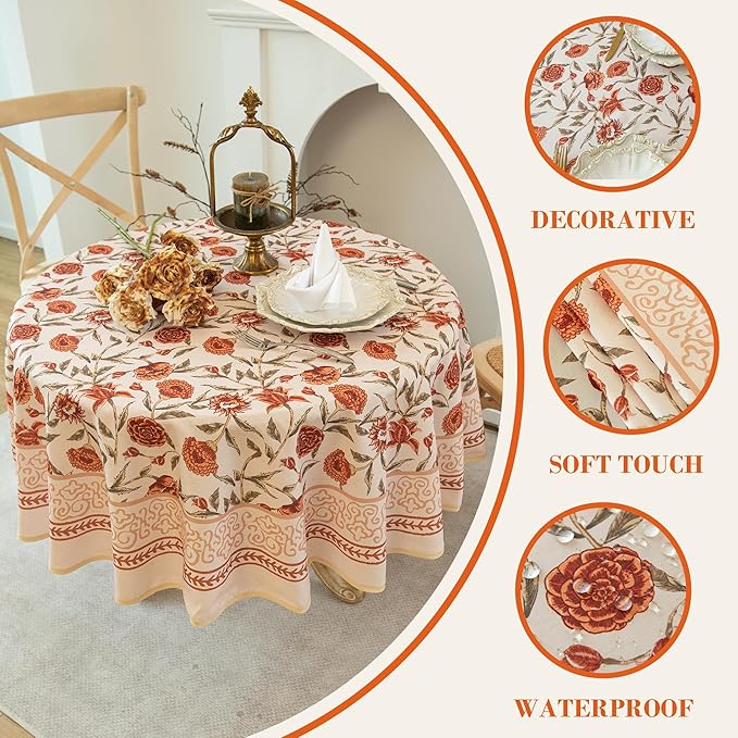 Valentine's Day Tablecloth 60" Round, Red Floral Waterproof Round Tablecloth Vintage French Style Home Decor, Elegant Floral Design, Stain Resistant, Perfect for Dining & Kitchen