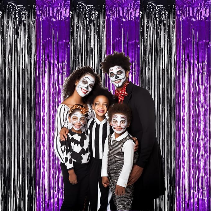 TONIFUL 2Pcs Black Purple Door Streamers,Photo Booth Backdrop Metallic Streamers Foil Fringe Curtains for Birthday Christmas New Year Bachelorette Halloween Party Streamers Decor