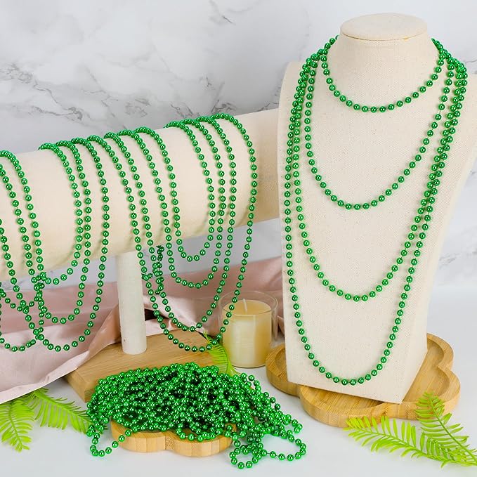 24 PCS St Patricks Day Necklace, Green Mardi Gras Beads Bulk, 33" Round Beads St Patricks Day Accessories, Parade Throws for Carnival Decorations Party Favors St. Patricks Decor