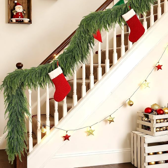 Christmas Norfolk Pine Garlands - 6ft Artificial Garland Faux Green Fake Pine Needles Garland for Fireplace,Table,Window,Stairs,Mante,Holiday Indoor Outdoor Xmas Decor(1PCS)