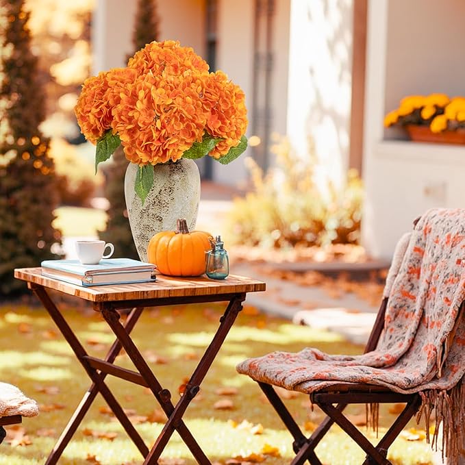 BonBloom's Fall Decor,3 Pcs Orange Hydrangea Artificial Flowers Latex Real Touch Faux Hydrangeas Lifelike Fake Hydrangea Flowers for Wedding Bouquet Party Table Centerpieces Outdoor Home Decor