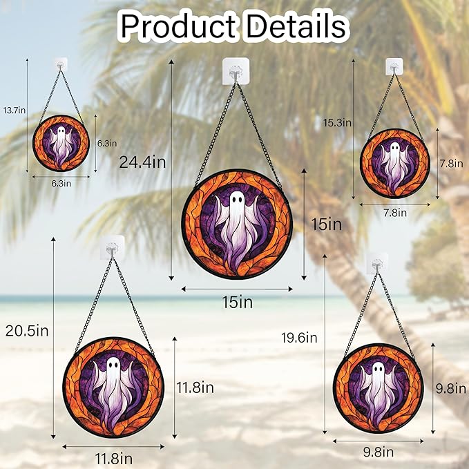 Stained Glass Window Hanging - Halloween Decorations White Purple Ghost Suncatcher for Doors Garden Indoor Spooky Funny Sun Catchers Gothic Decor Horror Gifts for Women Men Friend 11.8 in