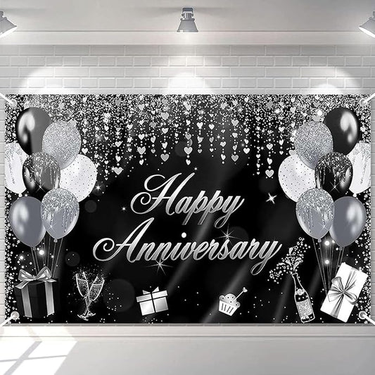 Avezano Happy Anniversary Banner Glitter Happy Anniversary Decorations for Wedding Bridal Shower Party Decorations 70.8 x 43.3 Inch (Black and Silver)