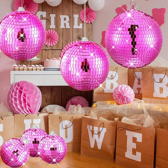 Nuenen 4 Pcs Large Pink Disco Ball Mirror Disco Ball 70s Mellow Hanging Disco Ball Stage Lightning Effect for 70s Theme Party Dj Props Wedding Birthday Decoration(8", 6", 4")