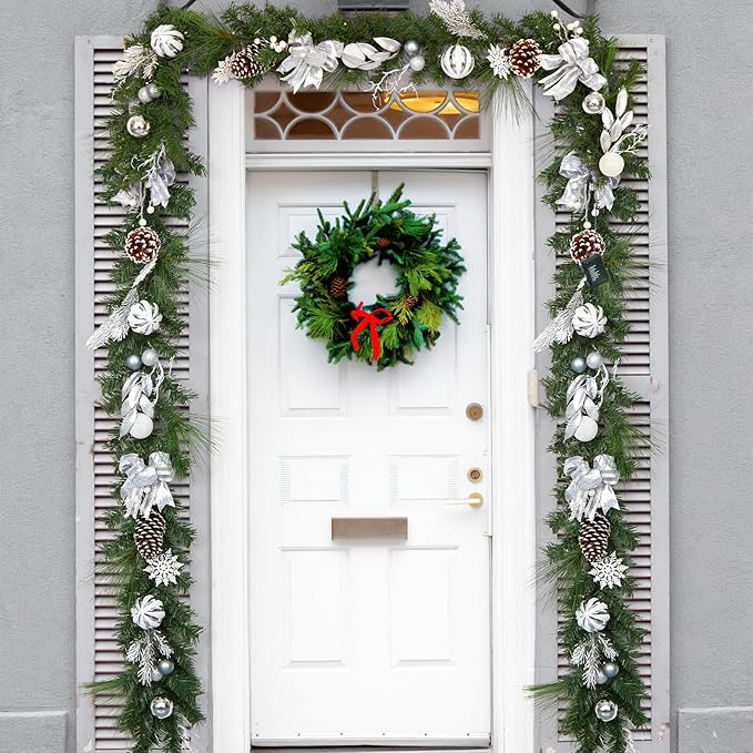 GarveeHome Christmas Garland with Lights for Mantle, 6 ft Battery Operated Silver White Xmas Garland with 20 LED Lights Timer Ribbon for Fireplace Stair Railing TV Stand Indoor Outdoor Holiday Decor