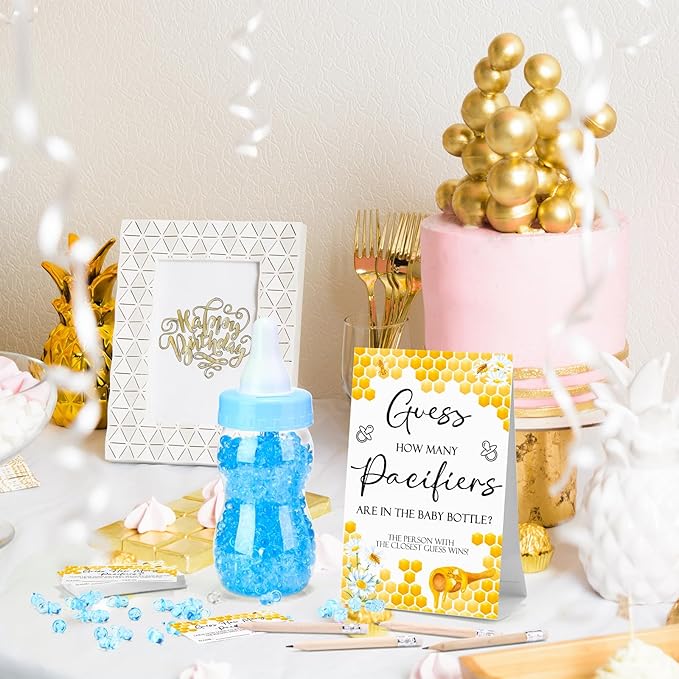 Roowest 512 Pcs Baby Shower Games Guess How Many Pacifiers Sign 100 Small Guessing Games 10 HB Pencils 750ml Milk Bottle 400 Acrylic Pacifiers Decoration for Guest Gender Reveal(Blue,Bee)