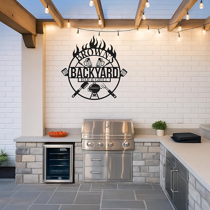 Custom BBQ Grill Metal Sign Personalized Name Wall Art for Outdoor Barbecue Patio Kitchen Backyard Decor Gift for Dad Husband Men Papa Grandpa Father Grilling Enthusiasts Family Lover Funny Gifts 25