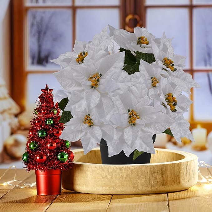 17" Poinsettias Artificial Christmas Flowers 11 Heads Fake Poinsettia Plants for Home Porch Garden Office Indoor Outdoor Christmas Winter Decorations White
