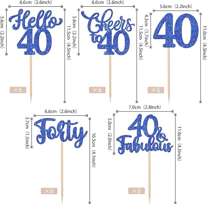 30PCS Happy 40th Birthday Cupcake Toppers Glitter Hello 40 Fabulous Forty Cheers to 40 Years Old Birthday Cupcake Picks for Happy 40th Birthday Anniversary Party Cake Decorations Supplies Blue