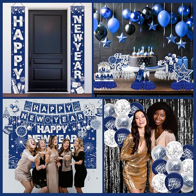 New Years Decorations 2026,Happy New Years Eve Party Supplies Blue and Silver Nye Party Decorations With Backdrop Door Banner Hanging Swirls Honeycomb Balloon