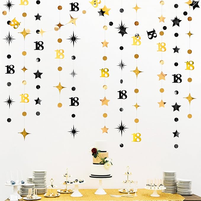 Black Gold 18th Birthday Decorations Number 18 Circle Dot Twinkle Star Garland Streamer Banner Backdrop for Girls Boys Happy 18th Birthday Time to Adult Cheers to 18 Years Old Anniversary Party Deocr