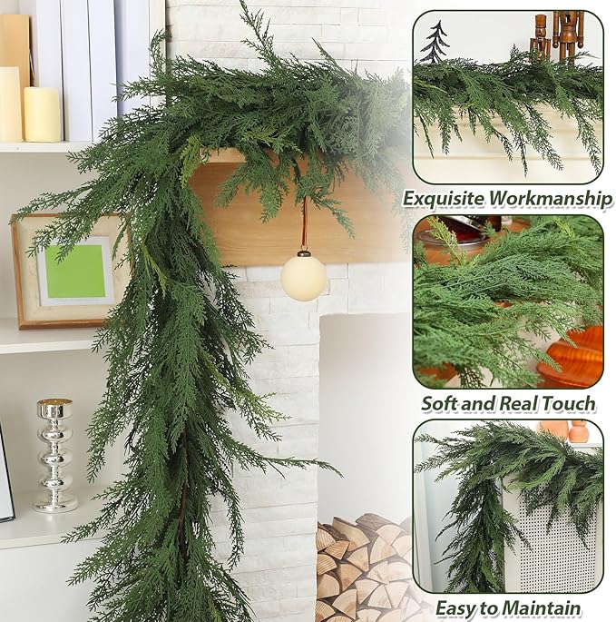 Jutom 1 PCS 6 ft Christmas Cedar Garland - Green Artificial Realistic Cedar Garland Faux Decoration for Table, Mantel, Wall Winter Holiday Party