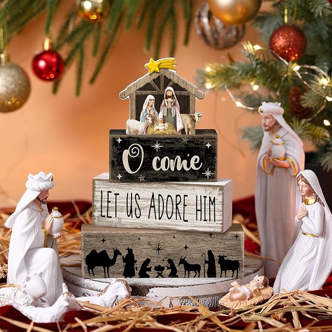 4 Pcs Christmas Table Decor Wooden Christian Religious Decoration Nativity Scene Centerpiece Nativity of Jesus Tiered Tray Decor Farmhouse Xmas Decoration for Kitchen
