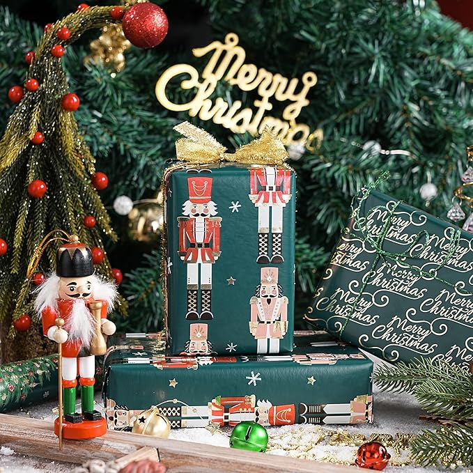 WRAPAHOLIC 30 Inch Nutcracker Christmas Wrapping Paper Roll - Jumbo Roll Green Christmas Tree, Snowflakes and Nutcracker with Metallic Foil Shine Design - 4 Rolls - 30 Inch x 120 Inch Per Roll