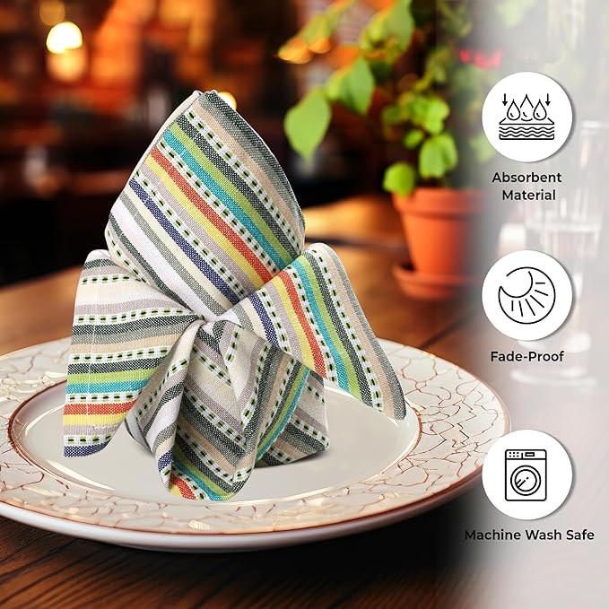 Urban Villa Cloth Napkins Beige Multi Stripes 100% Cotton Absorbent Dinner Napkins (Set of 12) 20x20 Inches Soft Durable Washable Reusable Ideal for Everyday Use Wedding Parties Cloth Dinner Napkins