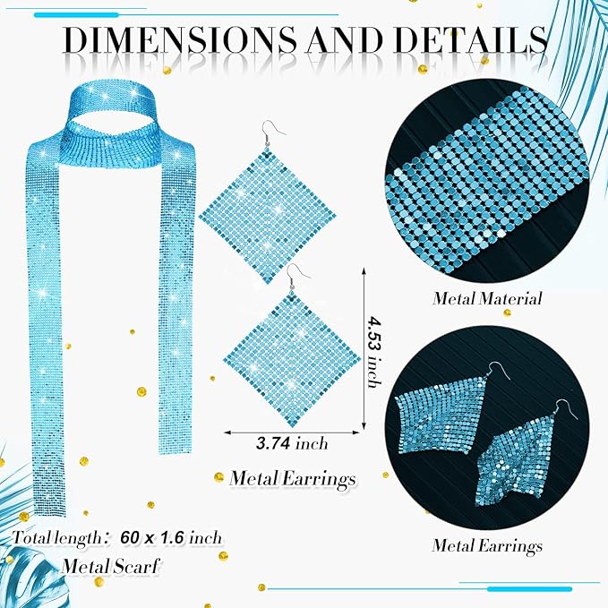 Sasylvia 5 Pcs 70s Disco Accessories Halloween Women Costume Jewelry Sequin Scarf Earrings Sunglasses Bracelet Headband