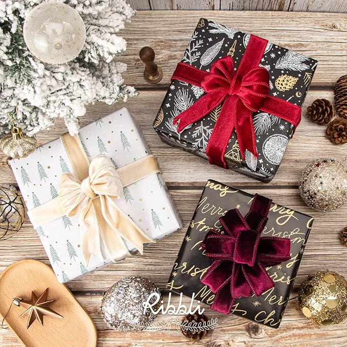 Ribbli Burgundy Velvet Wired Ribbon 1 Inch Velvet with Satin Christmas Ribbon for Gift Wrapping Christmas Tree Decoration Crafts Wreaths Supplies-Continuous 10 Yards
