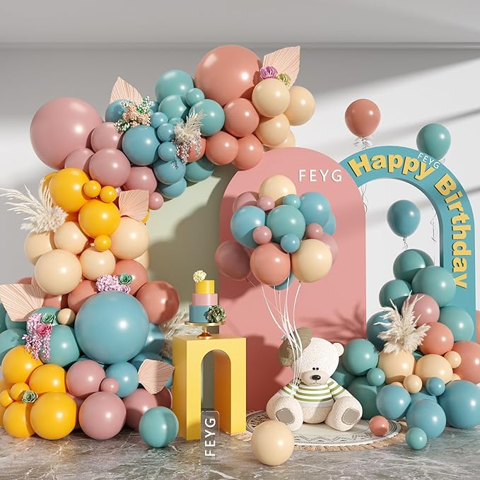 Rainbow Balloons Arch Garland Kit, Dusty Blue Blush Pink Balloon Retro Mustard Yellow Slate Blue Balloon Assorted Colorful Balloons for Baby Shower Boho Birthday Decorations
