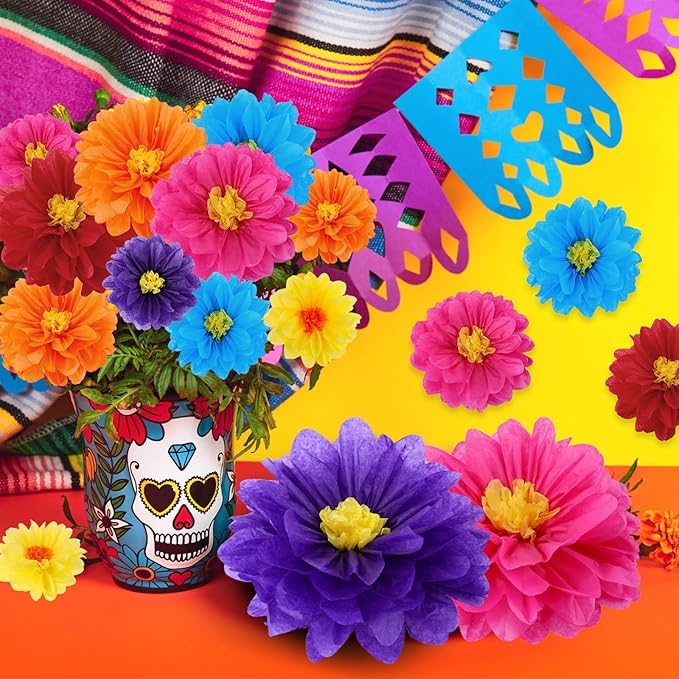 Geyee 90 Pcs Mexican Paper Flowers Colorful Fiesta Tissue Paper Flowers Pom Poms Mexican Carnival for Floral Party Backdrop Wedding Birthday Party Craft (6" 8" 10")
