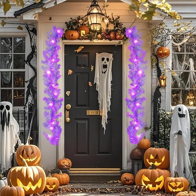 WONDER GARDEN 9FT Halloween Garland with Lights Artificial PVC Halloween Hanging Garlands for Mantle Fireplace Wall Table Room Party Office Holiday Home Decor