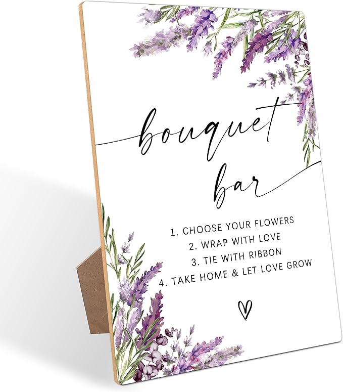 Bouquet Bar Sign, Lavender Dessert Table Decor, Bridal Shower Decorations, Wedding Reception Table Decorations, Purple Floral Wooden Sign with Stand for Wedding Reception And Bridal Party Decor, 22