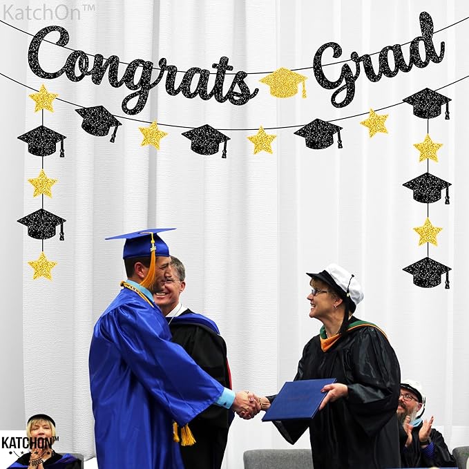 KatchOn, Glitter Black and Gold Congrats Grad Banner - 10 Feet | Black and Gold Graduation Banner, Cap Garland for Graduation Decorations 2025 | 2025 Grad Party Decorations