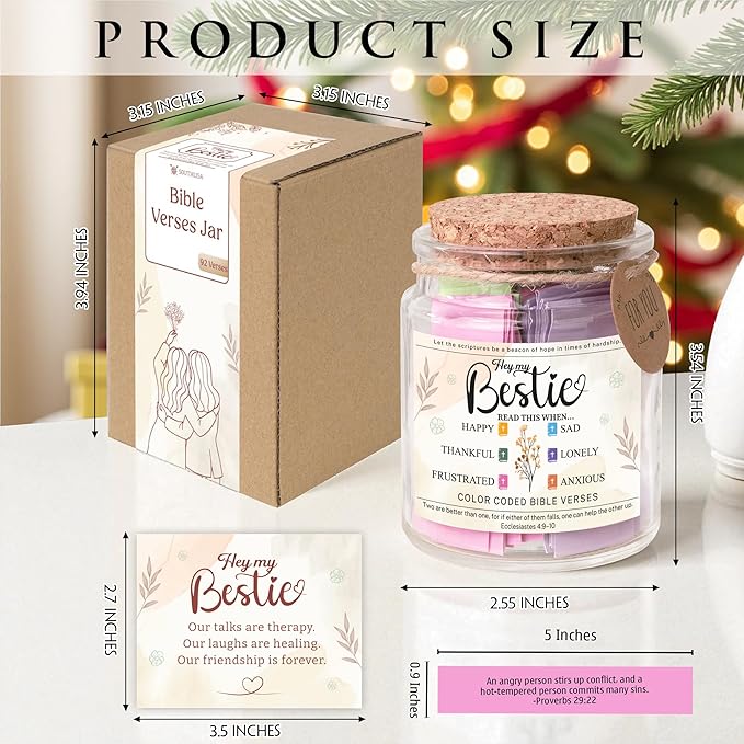 Bible Verse Jar for Best Friend – 92 Color-Coded Scriptures for Encouragement, Inspirational Birthday Gift for Women, Bestie Keepsake Jar, Christian Christmas Gifts for Women