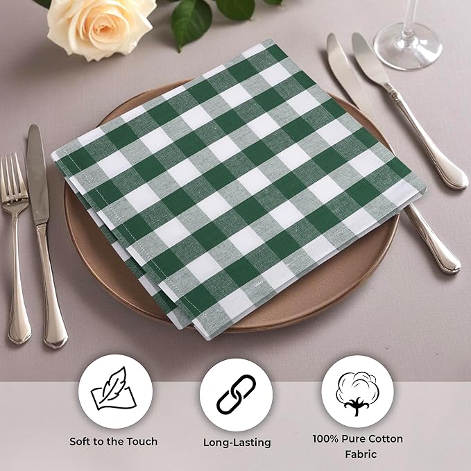 Urban Villa Cotton Dinner Napkins Set of 12, Highly Absorbent Soft Premium Cloth Napkins 20x20 Inches, Hotel Quality Reusable & Washable Table DinnerNapkins for Home -(Hunter/White, Buffalo Checked)