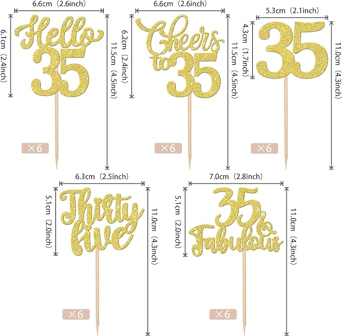30PCS Happy 35th Birthday Cupcake Toppers Glitter Hello 35 Fabulous Thirty Five Cheers to 35 Years Old Birthday Cupcake Picks for Happy 35th Birthday Anniversary Party Cake Decor Supplies Gold