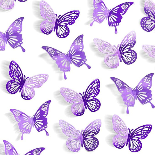 Purple Butterfly Decorations, 48Pcs 2 Styles 3 Sizes Butterflies for Grad Graduation Caps Cake Cupcake Toppers, 3D Paper Sticker for Bouquets Birthday Baby Shower Kids Girl Room Nursery Wall Decor