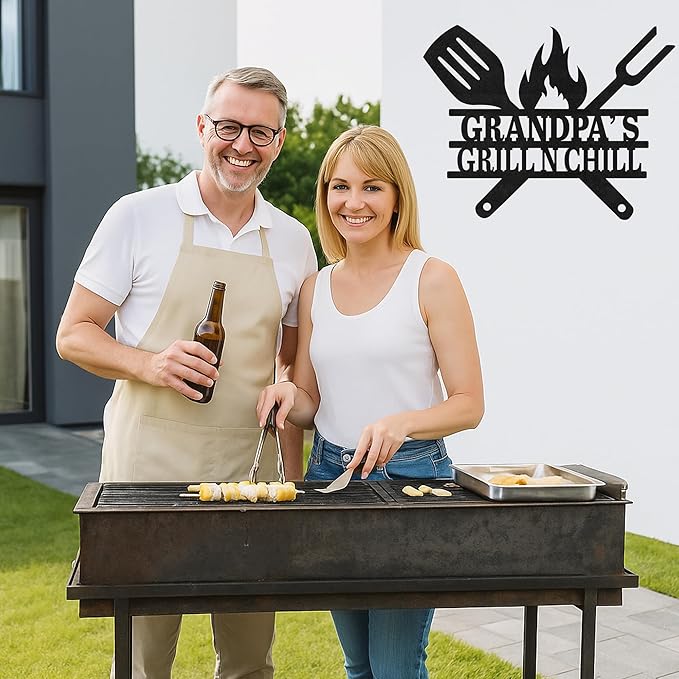 Custom BBQ Metal Sign Personalized Grill Name Wall Art for Outdoor Kitchen Patio Backyard Decor Fathers Gift for Dad Grandpa Husband Barbecue Smoker Area Sign, Grilling Lover Gifts 56