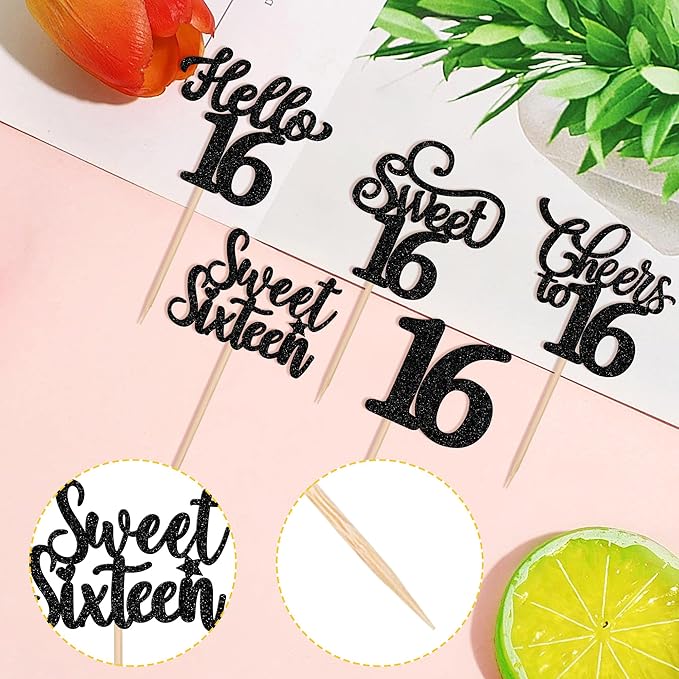 30PCS Happy 16th Birthday Cupcake Toppers Glitter Sweet Sixteen Hello 16 Cupcake Picks Cheers to 16 Birthday Decorations for 16th Birthday Anniversary Party Cake Decoration Supplies Black