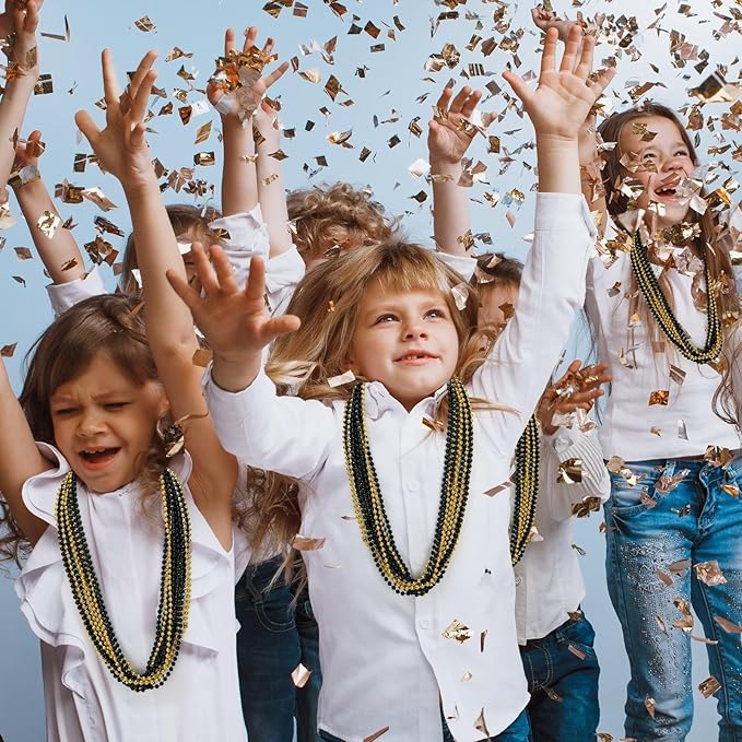 12PCS New Years Eve Bead Necklace, Black Gold Bead Costumes Necklace Party Supplies, 33" New Years Eve Necklaces Accessory Sets, Festival Parade Throw for Mardi Gras Celebrations Decorations