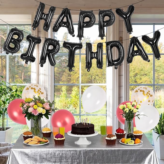 65 Pcs Black Happy Birthday Balloons and 2 Sets A-Z Letters Foil Balloons, 16 Inch Personalized Name Happy Birthday Banners for Wedding Baby Shower Anniversary Party Decorations (Black)
