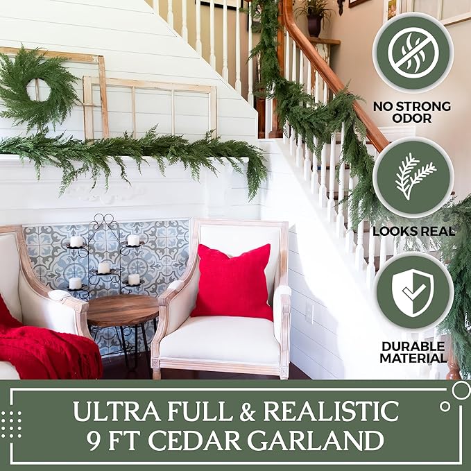 9ft Extra Full Real Touch Cedar Garland Artificial Realistic 9 ft, Faux Cedar Garland Realistic, Thick Realistic Christmas Garland for Mantle, Stairs, Table, Real Touch Garlands Fireplace