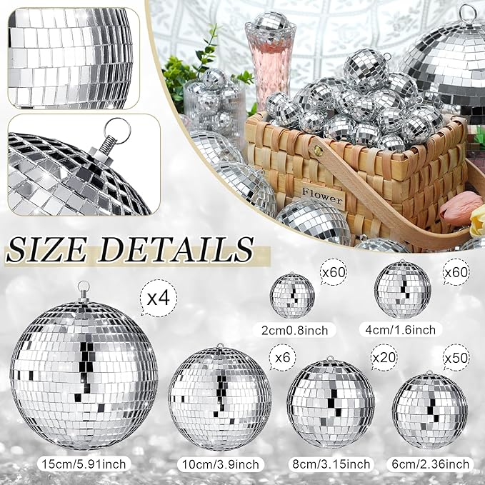 Hoolerry 200 Pcs Mini Mirror Disco Ball Ornaments Mardi Gras Small Silver Hanging Decorations Reflective Tiny Balls Bulk for 70s 80s 90s Disco Party, Christmas Tree(6'', 4'', 3'', 2.4'', 1.6'', 0.8'')