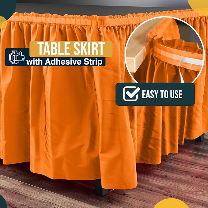 Exquisite Ruffle Table Skirt Orange 2 Pack 14 Ft Long Table Skirts for Rectangle Tables 6ft Plus or Round Tables Skirts with Adhesive Strip for Gender Reveal Decor & Happy Birthday Parties