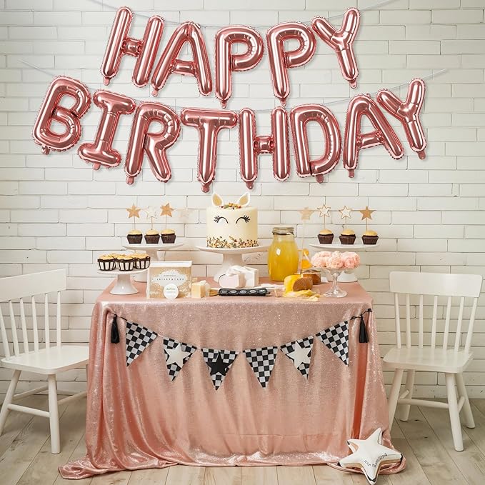 Happy Birthday Banner Balloon Rose Gold, 16 Inch Happy Birthday Mylar Foil Balloon Letters Banner, Self Inflating Birth Balloons Bunting for Girls Women Bday Party Decorations Supplies