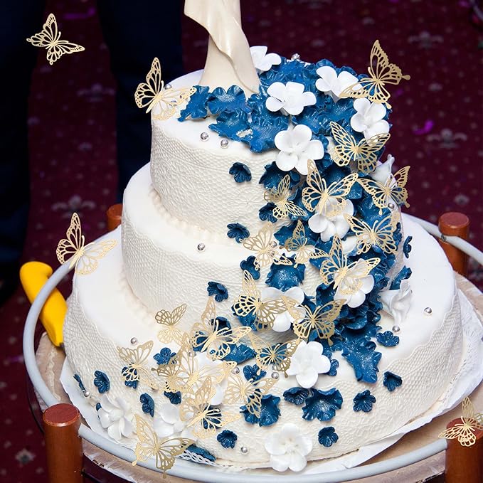 40 PCS Laser 3D Butterfly Cupcake Toppers Hollow Arts Cake Decorations for Baby Shower Wedding Fairy Birthday Party Supplies Wall Sticker Decoration Mixed Styles Gold