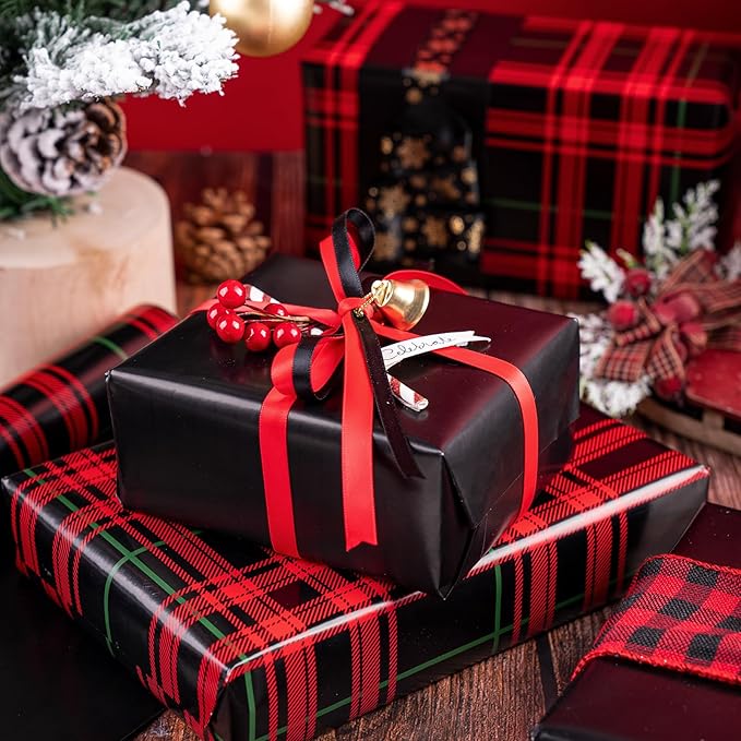 WRAPAHOLIC Reversible Plaid Wrapping Paper - Mini Roll - 17 Inch x 33 Feet - Red and Black Plaid Christmas Wrapping Paper for Christmas, Birthday, Baby Shower, Holiday